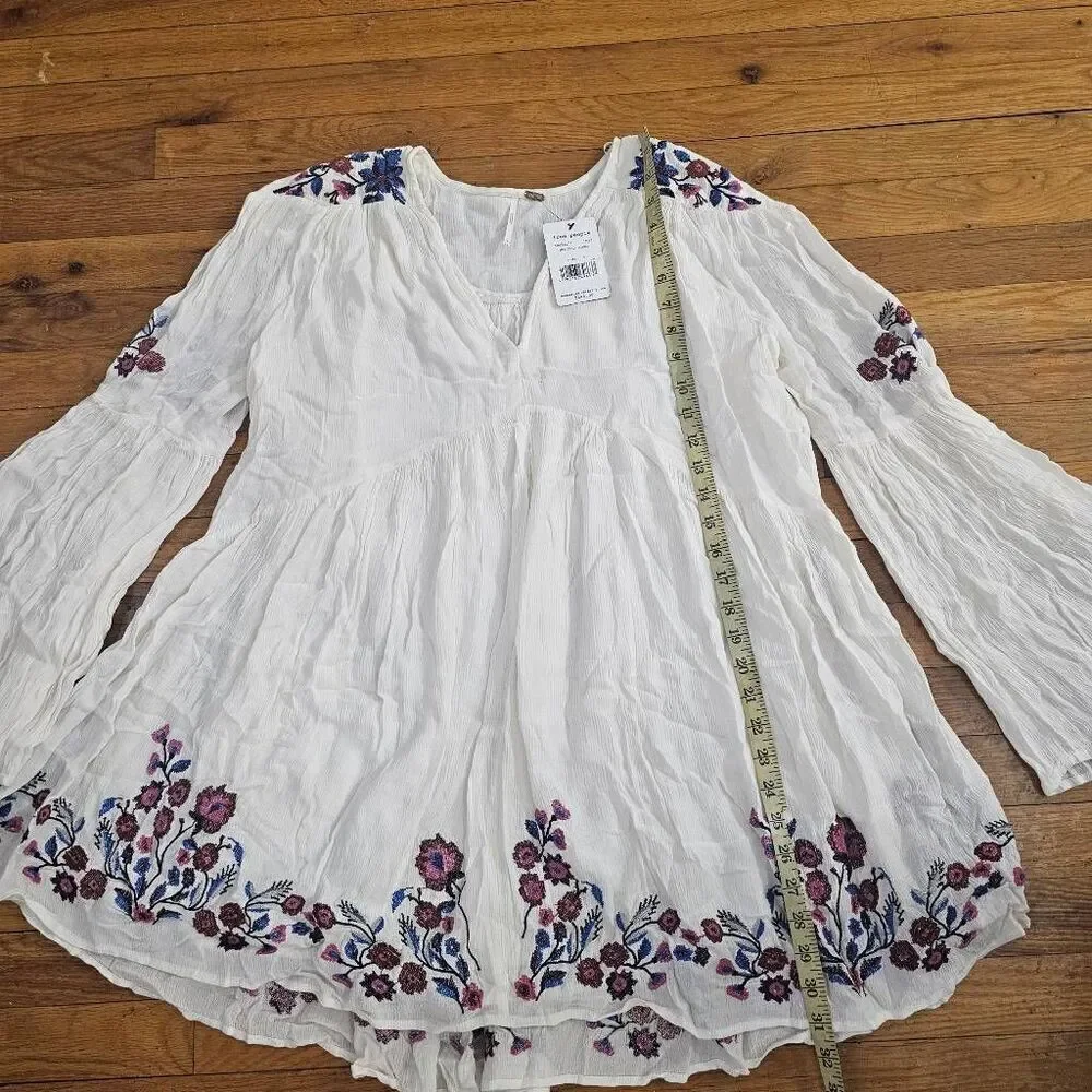 Free People Te amo White Embroidered Boho Tunic Mini Dress Top Bell Sleeves S - Picture 7 of 10